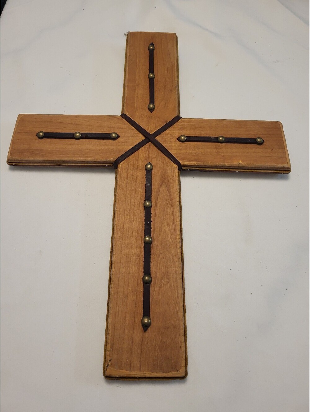 Rustic Wooden 21"16" Cross with Leather and Brass Accents
